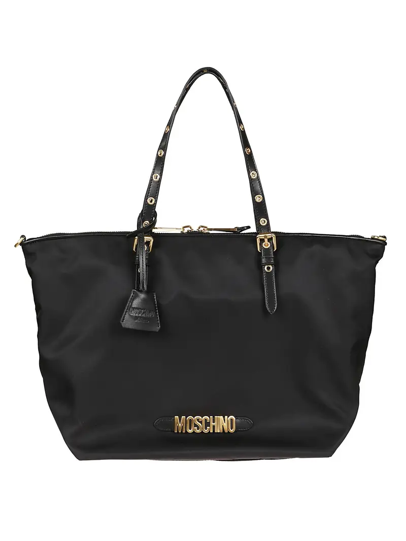 Shopper in nylon con logo dorato Nero