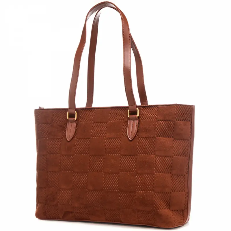 shopping bag da donna in suede con maxi logo lettering in metallo sul davanti ruggine miniatura 3