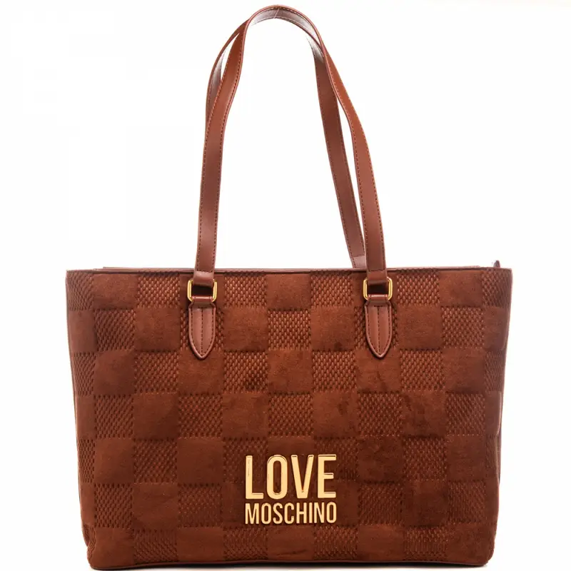 shopping bag da donna in suede con maxi logo lettering in metallo sul davanti ruggine