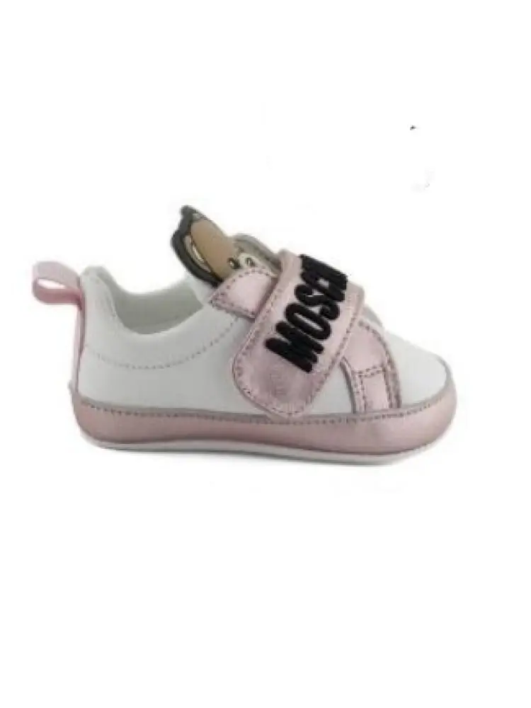 sneakers culla in pelle bianca e rosa con logo e teddy
