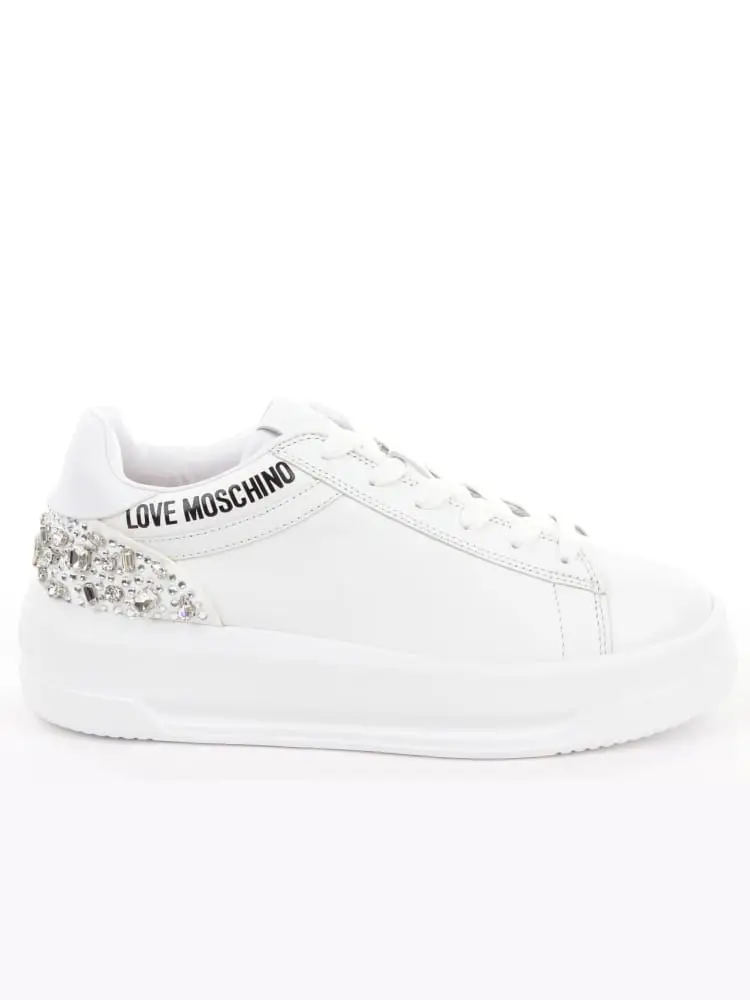sneakers in pelle di vitello bianco con dettagli pietre sul tallone
