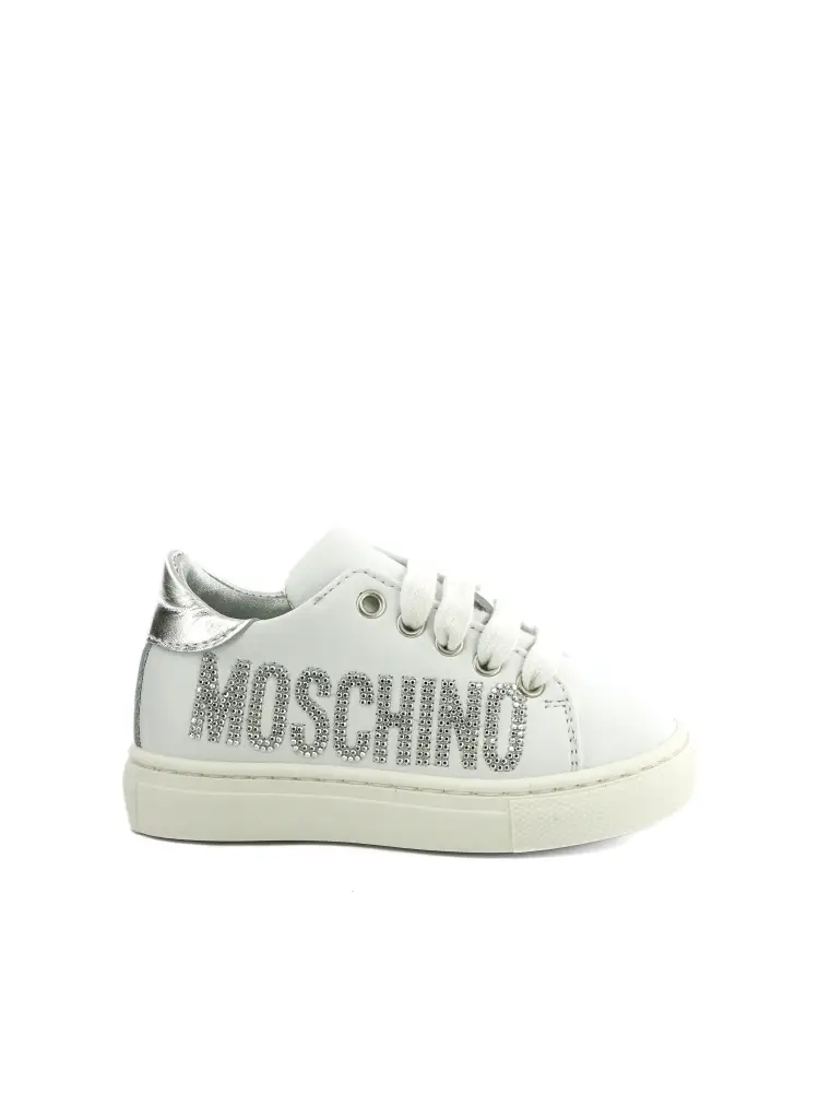 sneakers junior in pelle bianca con lettering logo argento