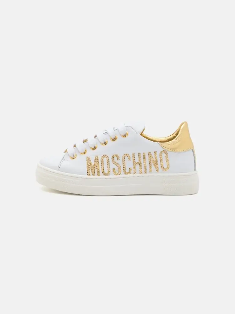 sneakers kids in pelle bianca con lettering logo oro