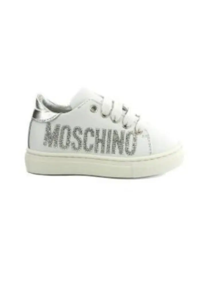 sneakers kids in pelle bianca con logo lettering strass