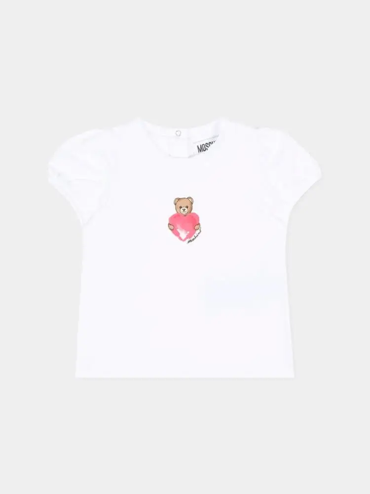 t-shirt infant in cotone bianco con logo cuore teddy