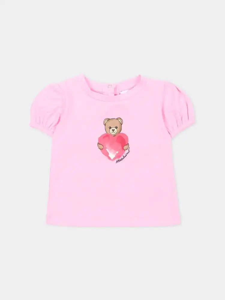 t-shirt infant in cotone rosa con logo cuore teddy