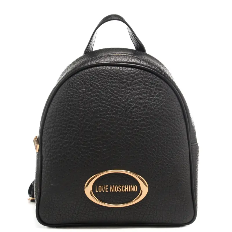 zaino piccolo da donna in pelle bottalata con dettaglio ovale con logo lettering sul davanti nero