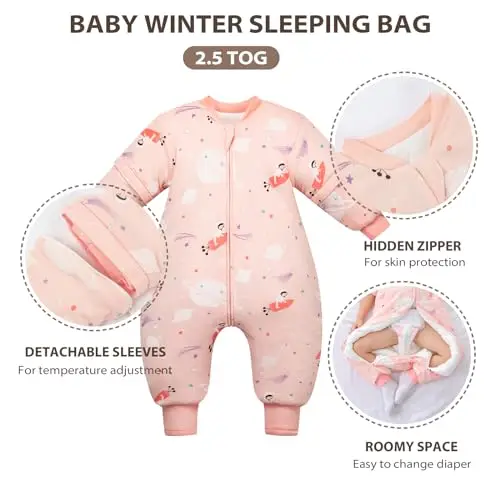 Mosebears Sacco nanna per bambino con gambe foderato calorosamente Sacco nanna per bambini maniche rimovibili, pigiama miniatura 3