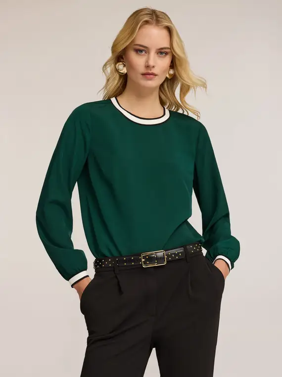 Blusa con bordi a contrasto Donna, Verde
