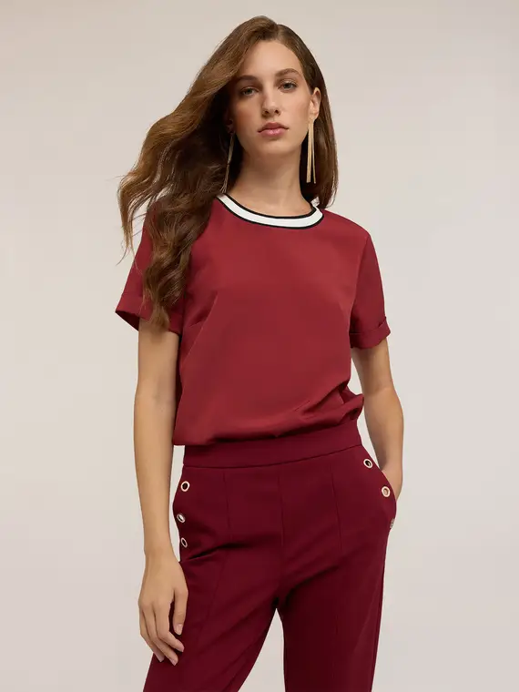 Blusa con bordo in maglia Donna, Bordeaux