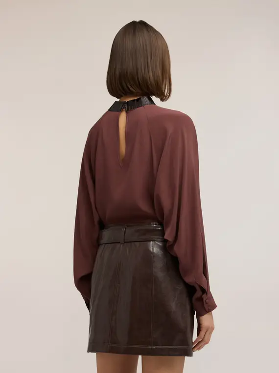 Blusa fluida con colletto ricamato Donna, Bordeaux miniatura 2
