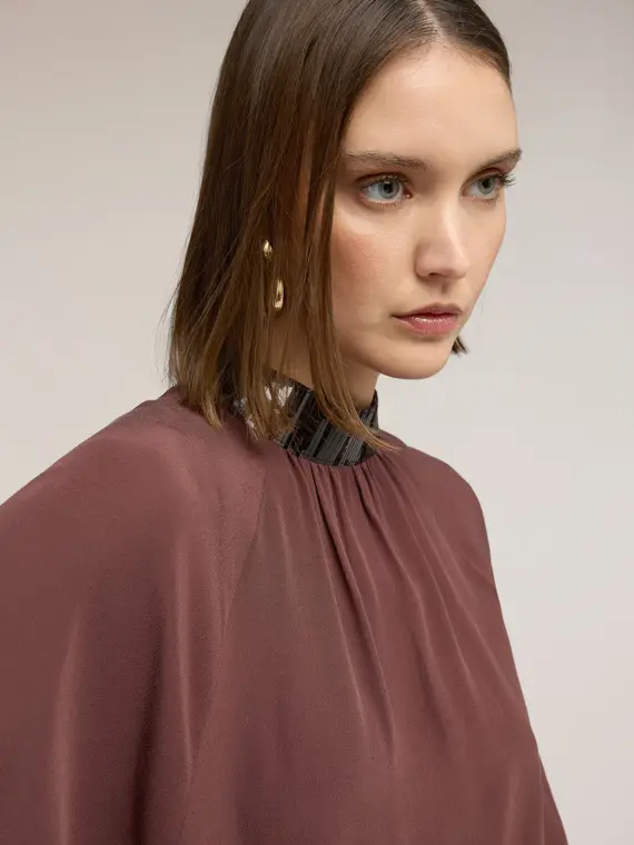 Blusa fluida con colletto ricamato Donna, Bordeaux miniatura 3