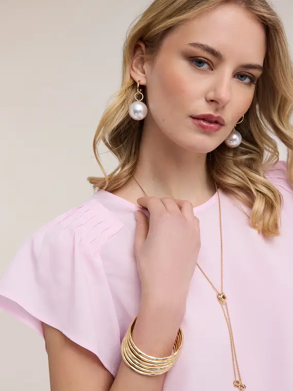 Blusa in crêpe de chine con pieghe Donna, Rosa miniatura 3