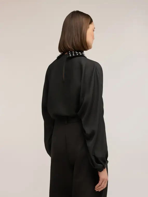 Blusa in georgette con colletto ricamato Donna, Nero miniatura 2