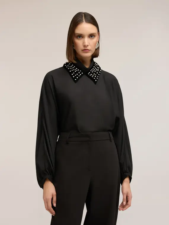 Blusa in georgette con colletto ricamato Donna, Nero miniatura 3