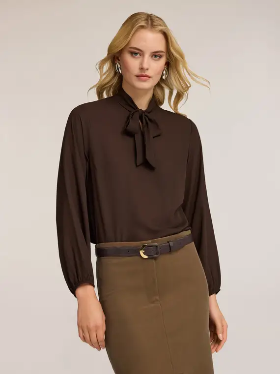 Blusa in georgette con fiocco Donna, Marrone