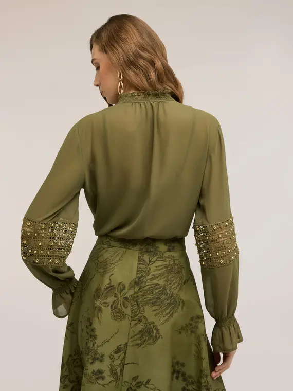 Blusa in georgette con maniche ricamate Donna, Verde militare miniatura 2