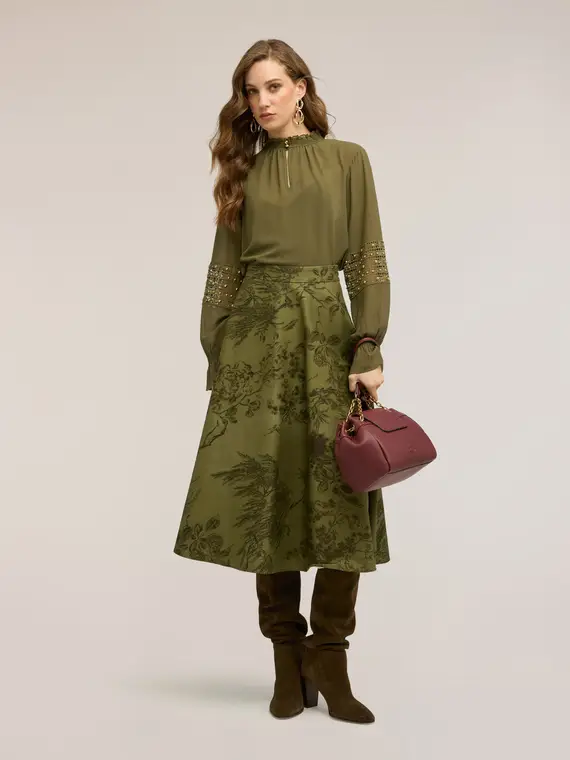 Blusa in georgette con maniche ricamate Donna, Verde militare miniatura 3