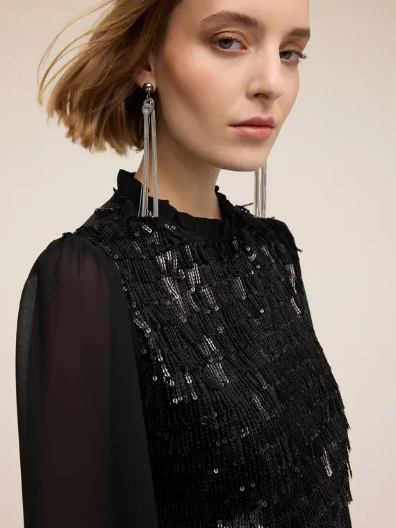 Blusa in georgette e ricamo di paillettes Donna, Nero miniatura 3