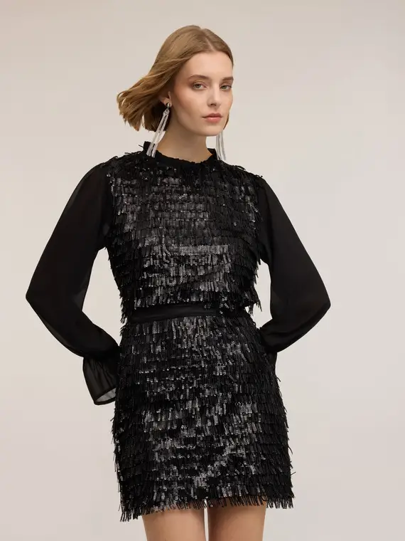 Blusa in georgette e ricamo di paillettes Donna, Nero