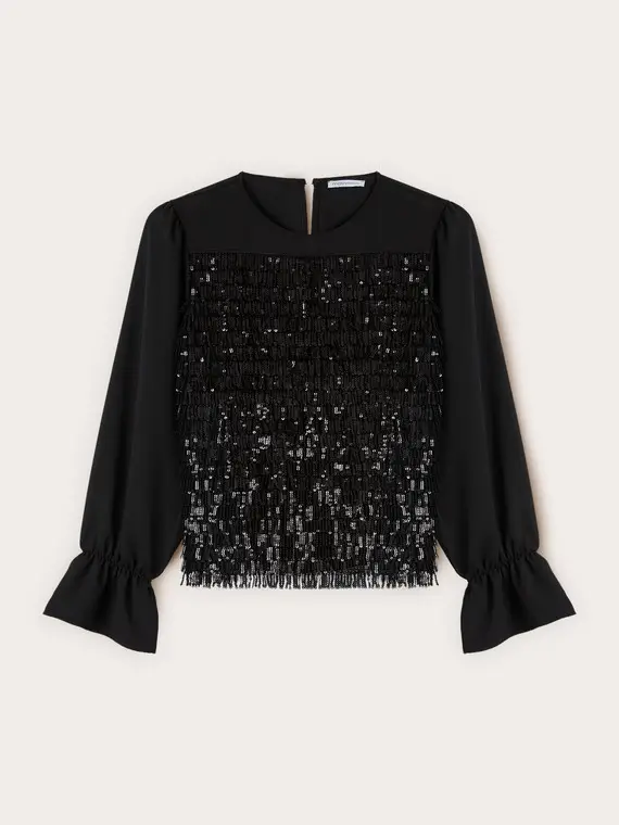 Blusa in georgette e ricamo di paillettes Donna, Nero