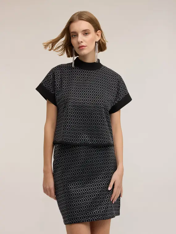 Blusa in jersey con applicazione geometrica di strass Donna, Nero miniatura 3