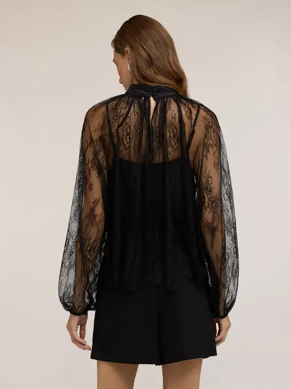 Blusa in pizzo con collo alto Donna, Nero miniatura 2