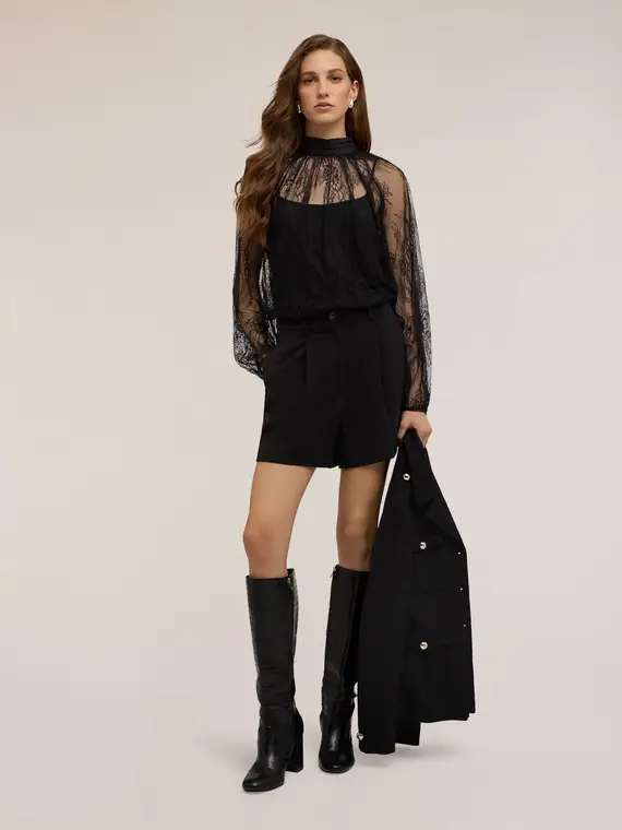 Blusa in pizzo con collo alto Donna, Nero miniatura 3