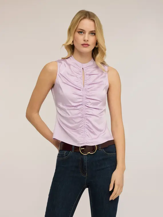 Blusa in raso con arricci Donna, Viola miniatura 3