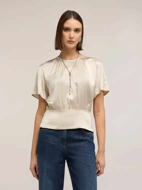 Blusa in raso con fascia Donna, Bianco miniatura 3