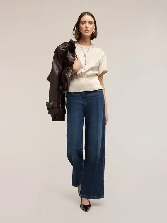 Blusa in raso con fascia Donna, Bianco