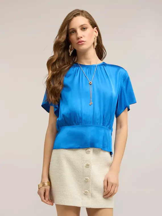 Blusa in raso con fascia Donna, Bluette miniatura 3