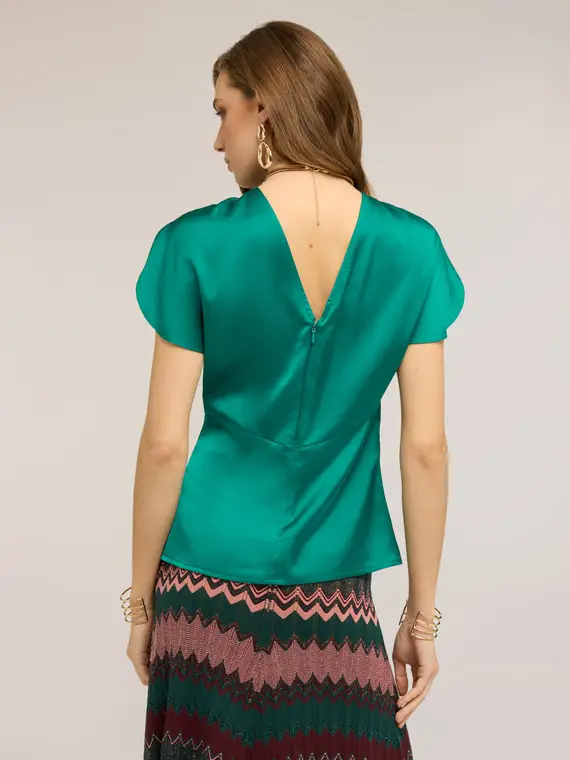 Blusa in raso con maniche a petalo Donna, Verde miniatura 2
