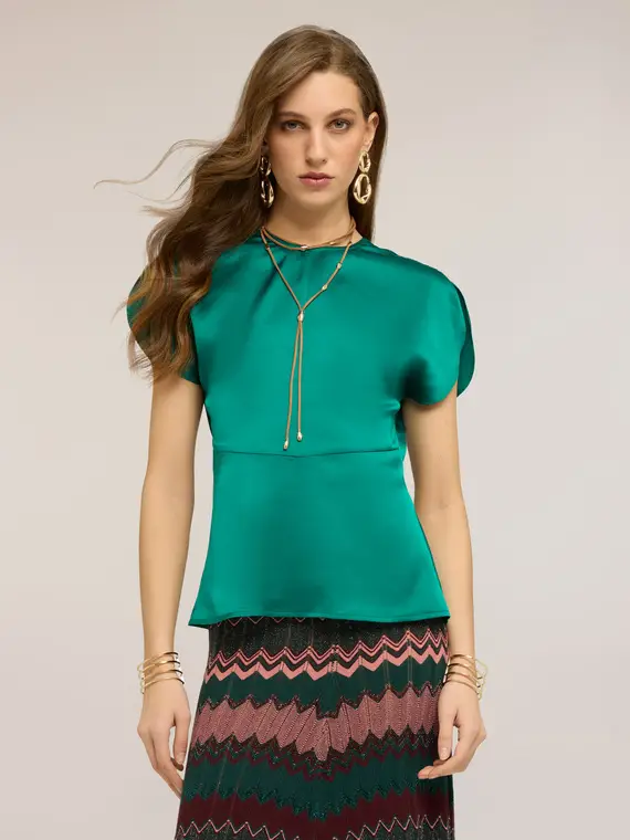 Blusa in raso con maniche a petalo Donna, Verde miniatura 3