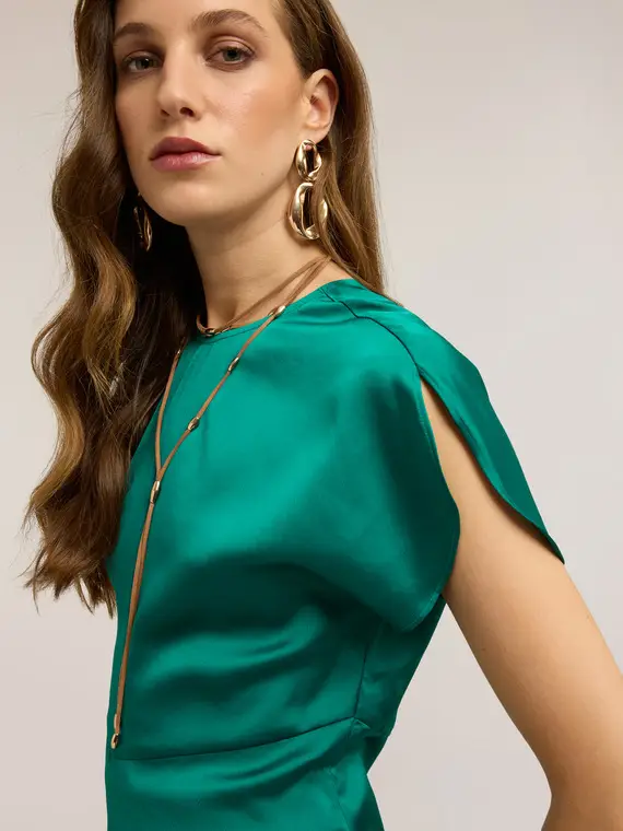 Blusa in raso con maniche a petalo Donna, Verde