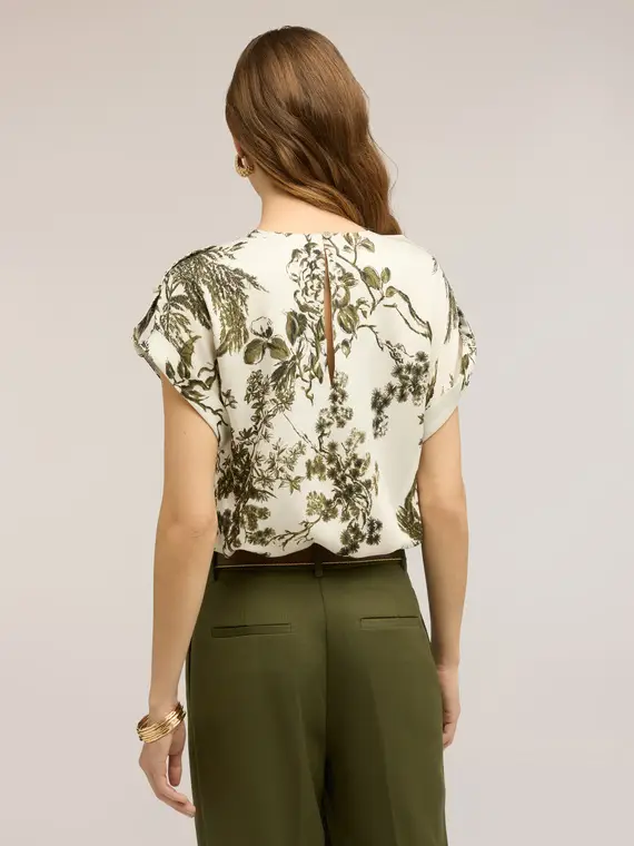 Blusa in raso con stampa botanica Donna, Verde militare miniatura 2