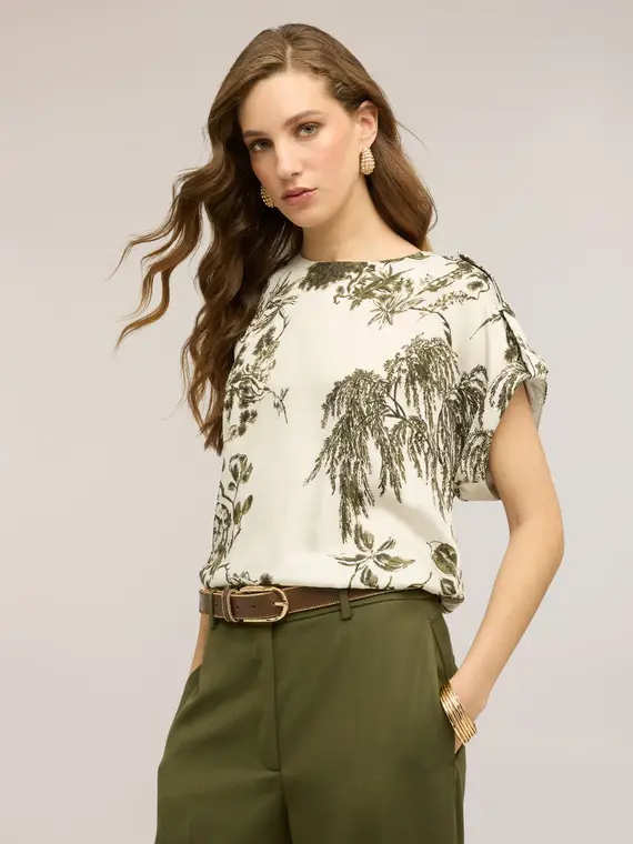 Blusa in raso con stampa botanica Donna, Verde militare