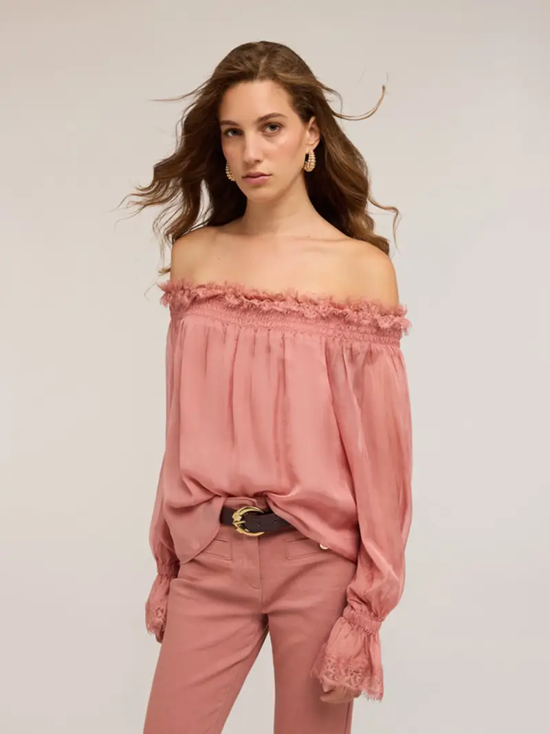 Blusa off-shoulder in chiffon Donna, Rosa