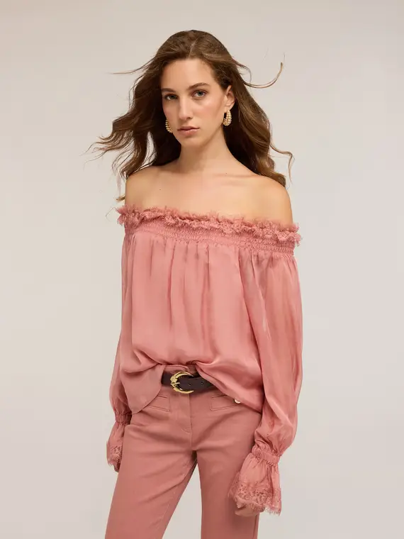 Blusa off-shoulder in chiffon Donna, Rosa