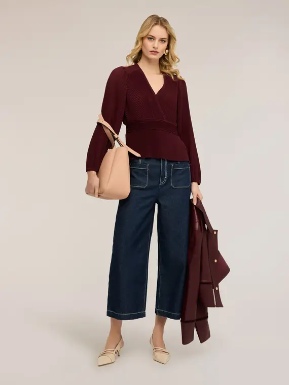 Blusa plissé in georgette con scollo a V Donna, Bordeaux miniatura 3