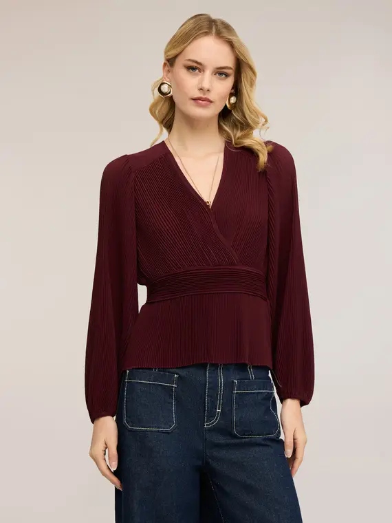 Blusa plissé in georgette con scollo a V Donna, Bordeaux