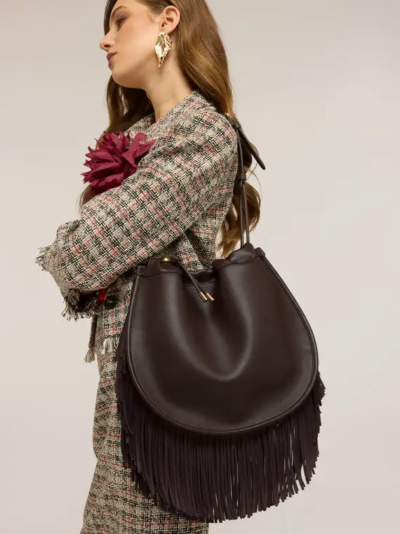 Borsa secchiello con frange Donna, Marrone