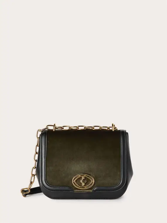 Borsa tracolla in tessuto spalmato e velluto Donna, Verde militare miniatura 2