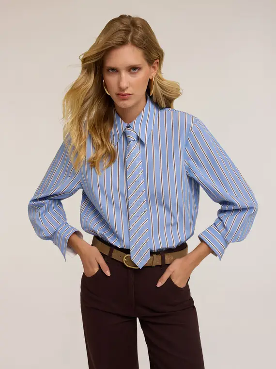 Camicia a righe con cravatta strass Donna, Azzurro miniatura 3