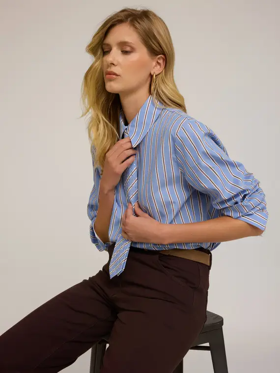 Camicia a righe con cravatta strass Donna, Azzurro