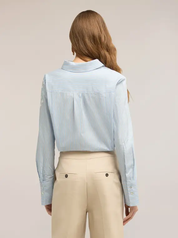 Camicia a righe con ricamo floreale Donna, Azzurro miniatura 3