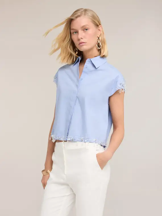 Camicia boxy in popeline con pietre Donna