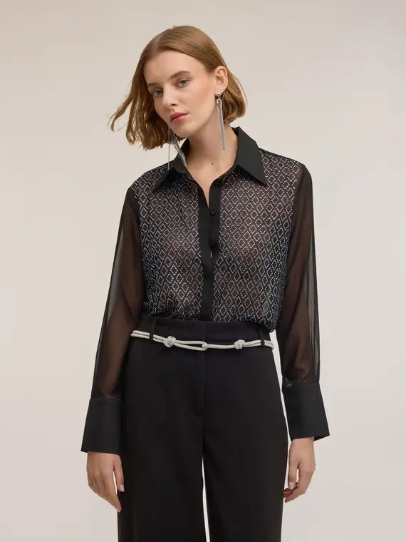 Camicia con applicazione geometrica di strass Donna, Nero