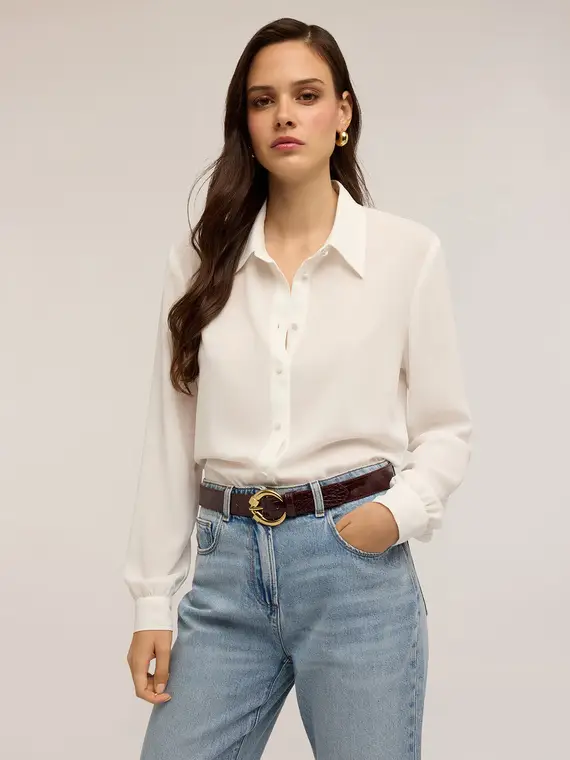 Camicia con bottoni foderati Donna, Bianco