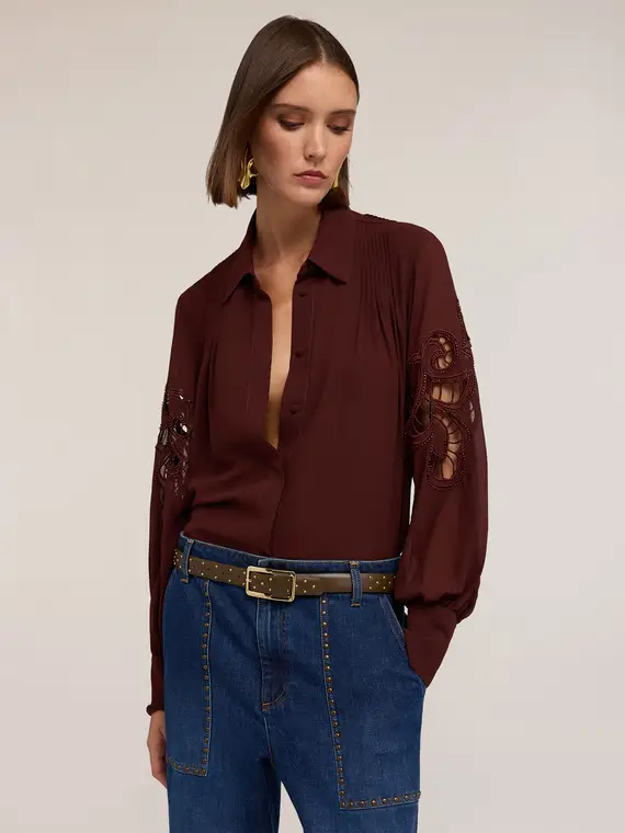 Camicia con maniche intarsiate Donna, Marrone miniatura 3